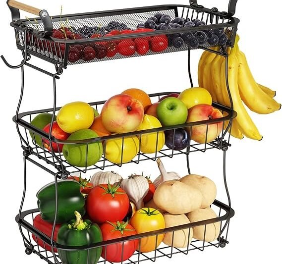 ANTOPY 3 Tier Fruit Basket with 2 Banana Hangers, Countertop Fruit Vegetable Basket Bowl for Kitchen Counter Metal Mesh Basket Fruits Stand Produce Holder Organizer for Onion Potato Bread Snack Veggie