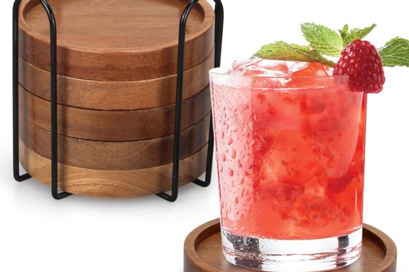 6 Pcs Best Wooden Coasters with Holder Coffee Table Decor Acacia Wood Coaster Set Modern Cup Coaster for Drink Home Dining Table Kitchen Accessories Cute Beer Bar Decorative Rustic Outdoor Coasters