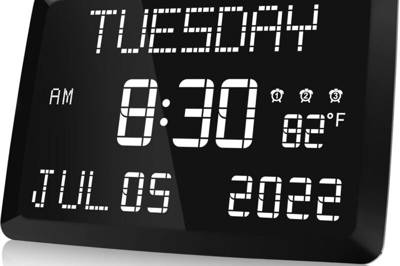 Raynic Digital Clock, 11.5″ Large Display Calendar Clock with Day and Date, Indoor Temperature, Adjustable Brightness, Snooze,12/24H, DST for Home, Office, Elderly