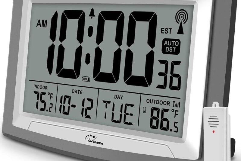 WallarGe Atomic Clock with Outdoor and Indoor Temperature – 12.5 Inch Self-Setting Digital Clock Large Display, Battery Operated Wall Clocks or Desk Clocks for Bedroom, Livingroom, Office
