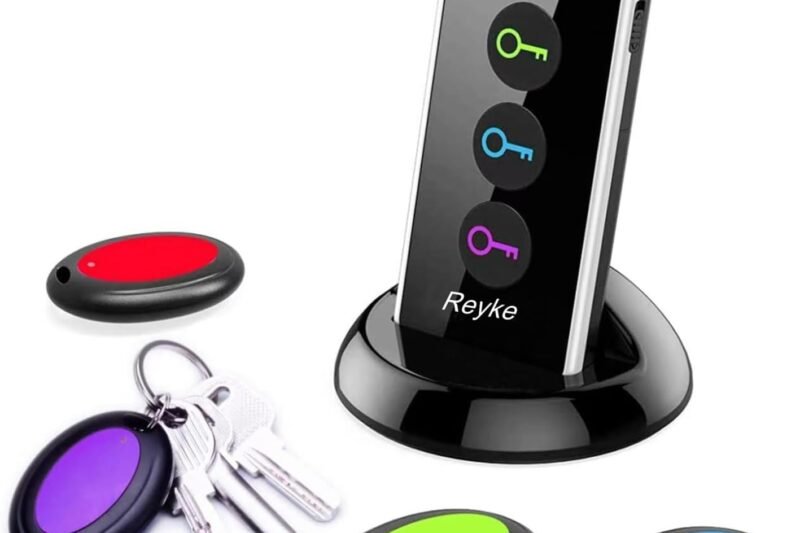 Reyke Key Finder, 80dB+ RF Item Locator Tags with 131ft. Working Range, Wireless Remote Tracker for Wallet, Phone, Glasses, Pet, 1 RF Transmitter & 4 Receivers