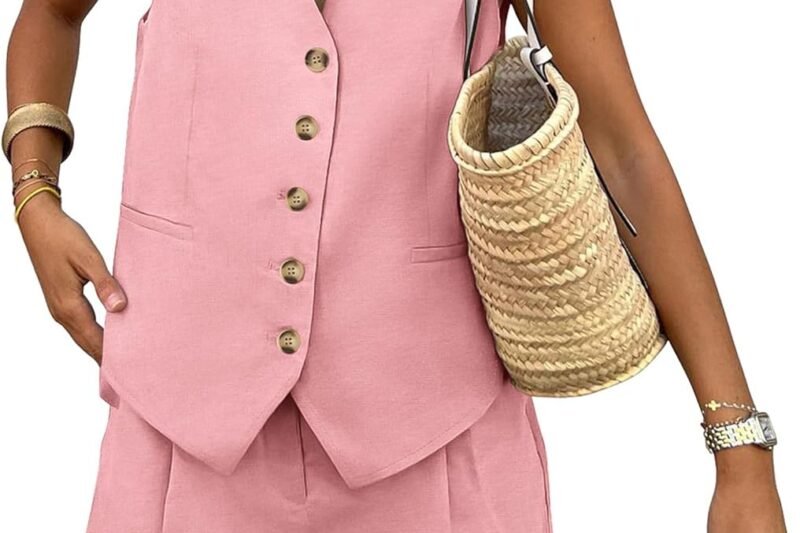 PRETTYGARDEN Women’s Summer 2 Piece Outfits Sleeveless Matching Sets Button Down V Neck Vest Waistcoat and Pockets Shorts