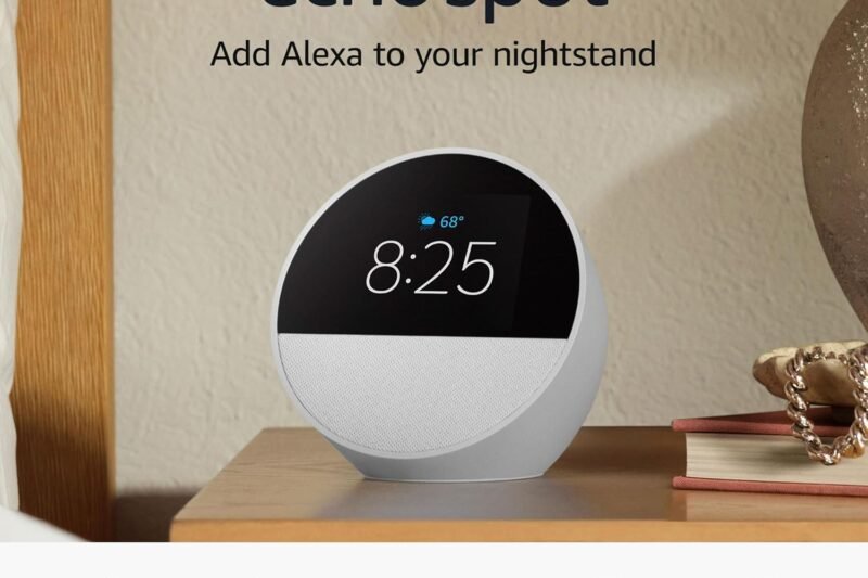 Amazon Echo Spot (newest model), Great for nightstands, offices and kitchens, Smart alarm clock with Alexa, Glacier White