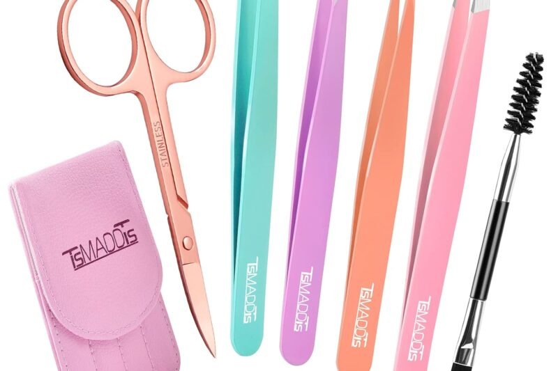TsMADDTs 6 PCS Tweezers Set for Women, Eyebrow Tweezers with Curved Scissor for Ingrown Hair, Hair Plucking Daily Beauty Tools with Leather Travel Case