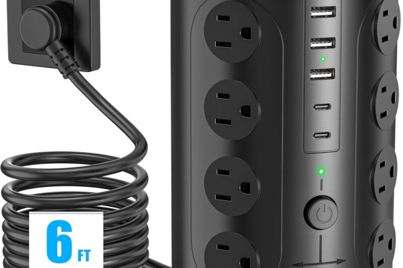 Tower Power Strip Surge Protector with 16 Outlets and 5 USB Ports (2 USB-C), 6FT Extension Cord with Multiple Outlets,Heavy Duty Charging Station,Home Office Dorm Room Essentials. No Wireless Charging