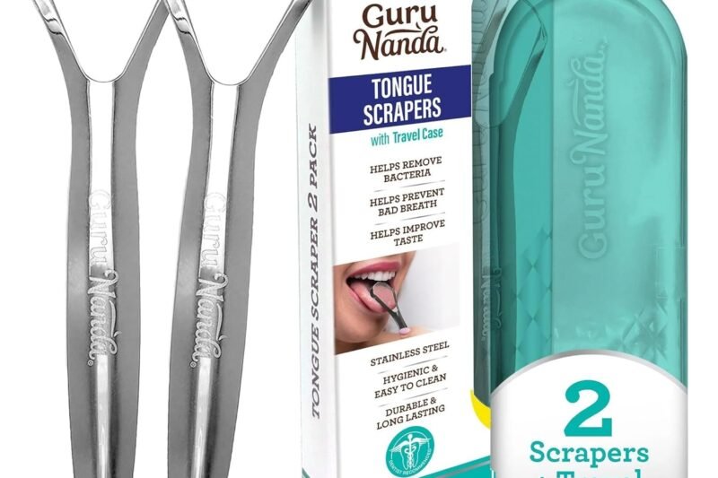 GuruNanda Tongue Scraper for Adults (2 Pack) with Travel Case, 420 Medical-Grade 100% Stainless Steel Tongue Cleaner, Aids in Fresh Breath & Oral Care