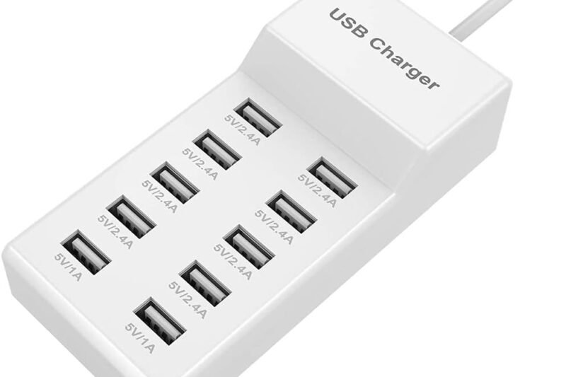 10-Port USB Wall Charger Station with Rapid Charging Auto Detect Technology Safety Guaranteed Family-Sized USB Ports for Multiple Devices Smart Phone Tablet Laptop Computer