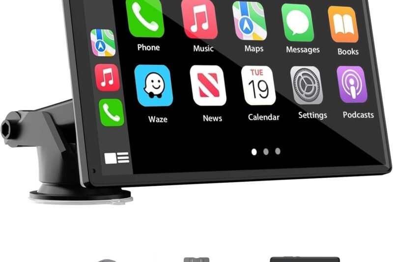 Portable Wireless Carplay Car Stereo, 7″ HD Touchscreen for Car with Apple CarPlay & Android Auto with Backup Camera/Mirror Link/Voice Control/Bluetooth/GPS/AUX/FM Satellite Radio for All Vehicles