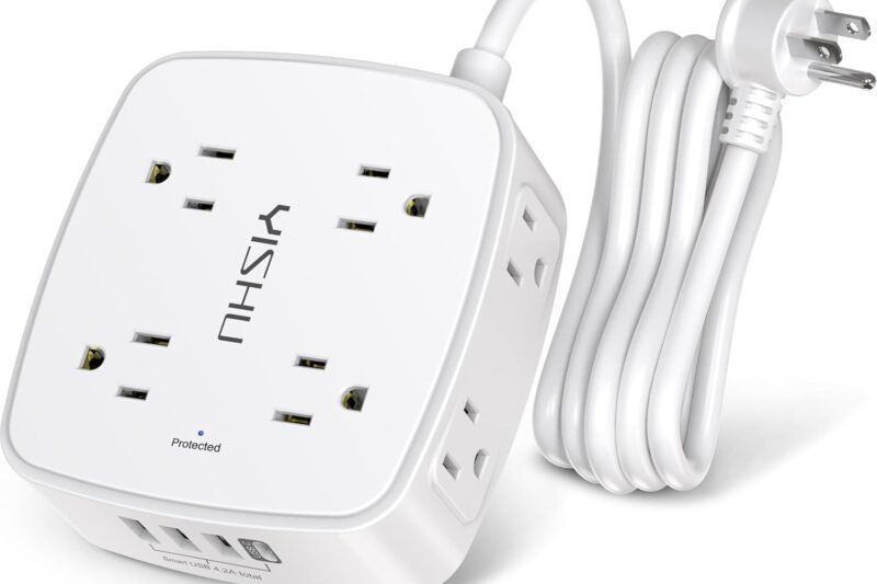 6 Ft Surge Protector Power Strip – 8 Widely Outlets with 4 USB Ports, 3 Side Outlet Extender with 6 Feet Extension Cord, Flat Plug, Wall Mount, Desk USB Charging Station, ETL,White
