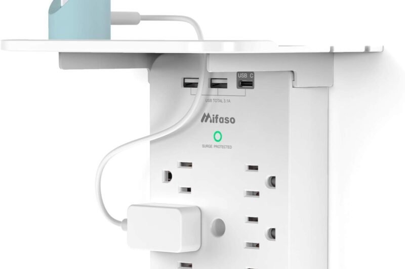 Wall Outlet Extender with Surge Protector, 6 AC Outlets, Shelf, 2 USB & USB C Charging Ports – Home & Dorm Plug Expander
