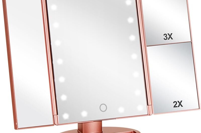 Tri-fold Lighted Vanity Makeup Mirror with 3x/2x Magnification,21 LEDs Light and Touch Screen,180 Degree Free Rotation Countertop Cosmetic Mirror,Travel (Rose Gold)