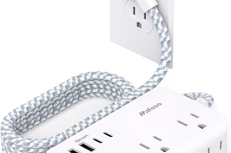 Power Strip Extension Cord – 6 Outlets and 4 USB (2 USB C), 5Ft Braided Cord with Ultra Thin Flat Plug, Wall Mount, Overload Protection, Compact for Travel, Cruise Ship, and Dorm Room Essentials