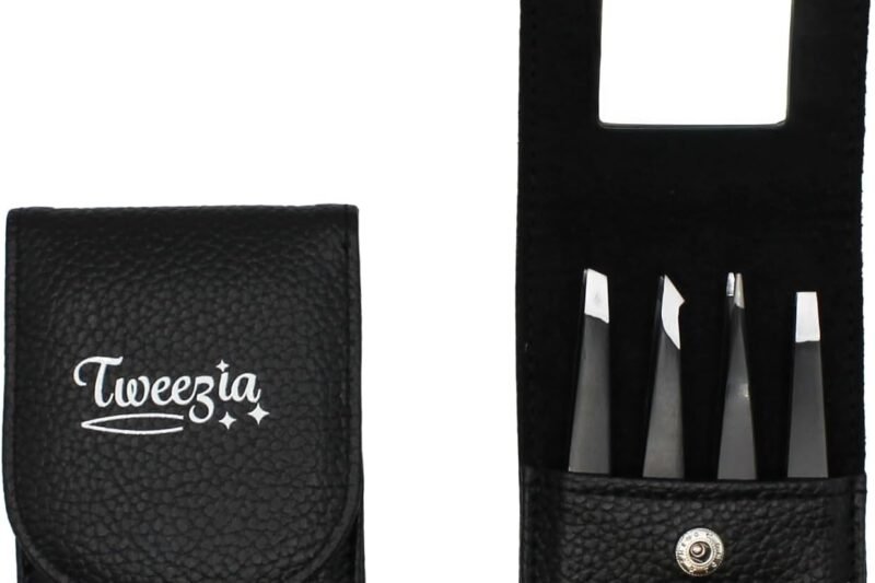 TWEEZIA Stainless Steel Tweezer Set – 4 Precision Tweezers with Mirror & Leather Case – Ideal Eyebrow Kit, Ingrown Hair Tweezers, Splinter Removal Kit or Pointed Tweezers for Beauty and Personal Care