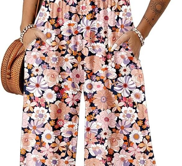 Dokotoo Women’s Casual Loose Overalls Jumpsuits One Piece Sleeveless Printed Wide Leg Long Pant Rompers With Pockets