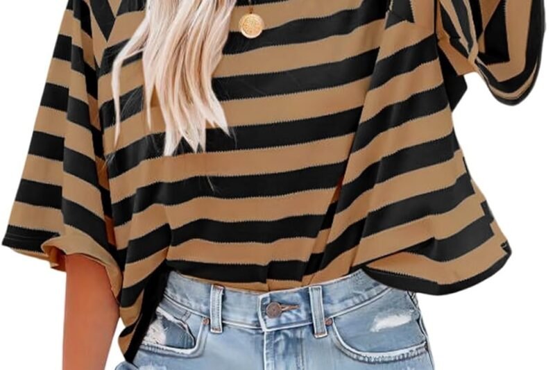 Dokotoo Tops for Women Striped 2025 Fashion T Shirts for Women Color Block Crewneck Design Loose Basic Tee