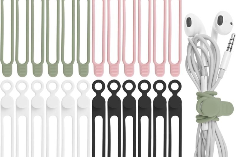 Nearockle 24Pcs Silicone Cable Straps Cord Organizer for Bundling Earphone, Phone Charger, Computer Cords, Reusable Cable Ties Wire Organizer in Home,Office,Kitchen,School (4 Colors)