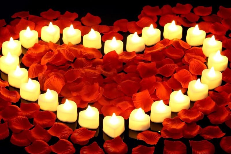 cridoz 2000 Pieces Artificial Rose Petals with 24 LED Tea Lights Candles, Romantic Decorations Special Night Set for Night, Valentine’s Day, Wedding Anniversary or Table Décor, Warm White