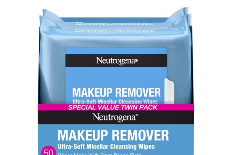 Neutrogena Makeup Remover Wipes Micellar Alcohol-Free Face Towelettes Remove Waterproof Mascara & Oil, Compostable 100% Plant-Based Cloth, Dermatologist & Ophthalmologist Tested, Twin Pack 2 x 25 ct