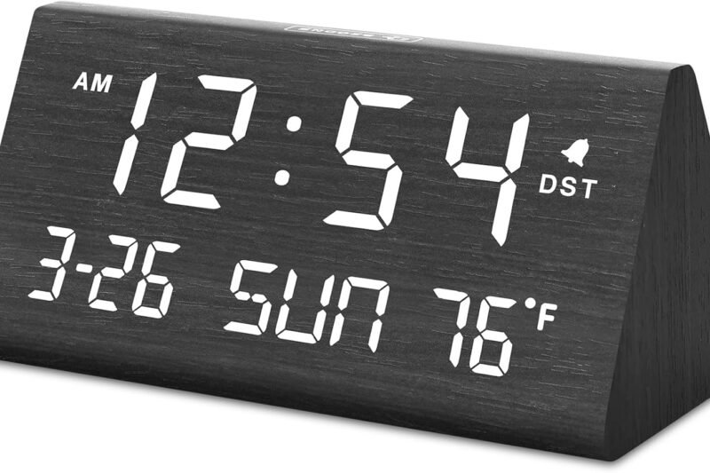 DreamSky Digital Alarm Clocks for Bedrooms – Wooden Desk Clock with Date, Day of Week, USB Port, Temperature, Dimmer for Bedside Table, Living Room, Office, Adjustable Volume, Auto DST, Wood Decor