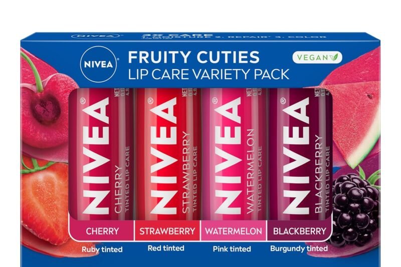 NIVEA Lip Care, Fruity Tinted Lip Balm Variety Pack, Cherry, Strawberry, Blackberry and Watermelon Flavors, 3-in-1 Moisture, Repair and Color, 0.17 Oz Stick, Pack of 4