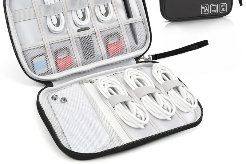 Travel Cable Organizer Bag, Electronics Organizer Tech Pouch with Double Layers for Cords, Chargers, Phone, Earphones, USBs, SD Cards – Travel Essentials Portable Waterproof Tech Pouch