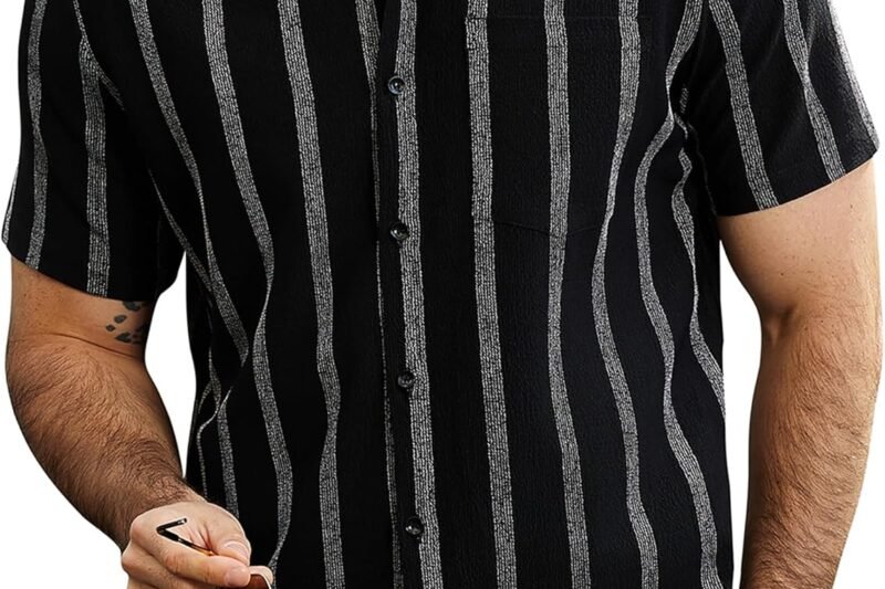 VATPAVE Mens Summer Striped Shirts Button Down Short Sleeve Vintage Beach Hawaiian Shirts with Pocket