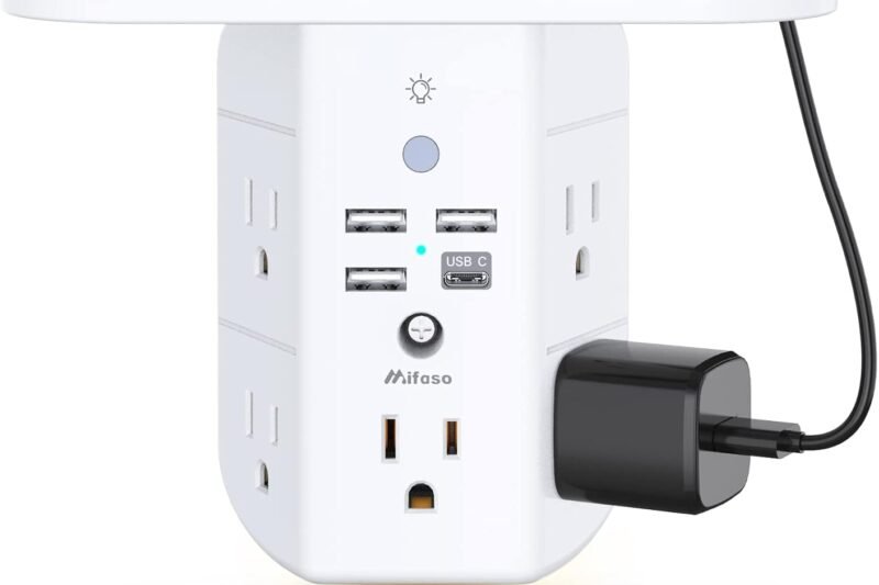Mifaso 3-Sided Multi Plug Power Strip, Wall Extender with Shelf, Night Light & Surge Protector, USB Wall Charger with 5 AC Wide Space Outlets and 3 USB & 1 C Port, White