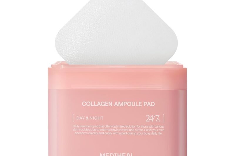MEDIHEAL Collagen Ampoule Facial Toner Pads – Collagen & Ceramide – Skin Firming & Restore Elasticity & Deep Hydration – Tighten Wrinkles & Lines – Vegan Eco Silk Fabric, 100 Pads