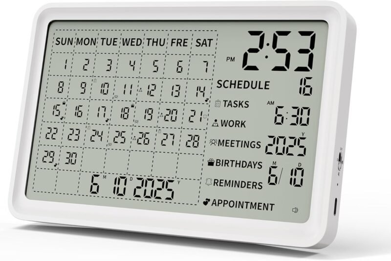 Digital Calendar, Digital Desk Planner with Schedule Reminder Clock with Day and Date, Chargeable 8 Inch Large Display Electronic Calendar Office Home School Family for Wall Mount & Desktop 2025-2055 (White, 8 inch)