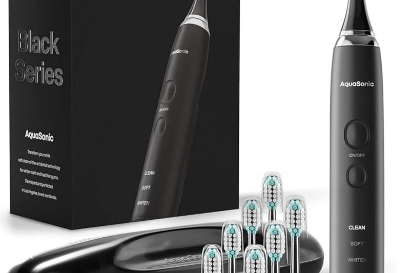Aquasonic Black Series Ultra Whitening Toothbrush – ADA Accepted Electric Toothbrush- 8 Brush Heads & Travel Case – 40,000 VPM Electric Motor & Wireless Charging – 4 Modes w Smart Timer
