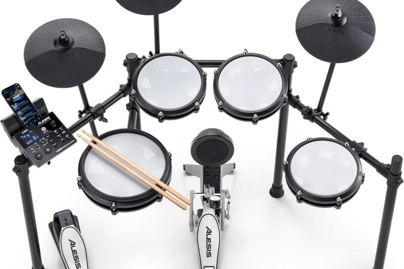Alesis Nitro Max Kit Electric Drum Set with Quiet Mesh Pads, 10″ Dual Zone Snare, Bluetooth, 440+ Authentic Sounds, Drumeo, USB MIDI, Kick Pedal