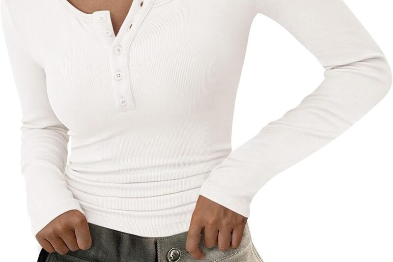 PRETTYGARDEN Women’s 2025 Fall Long Sleeve Henley T Shirts Button Ribbed Knit Slim Fit Basic Tops Blouse Casual Outfits