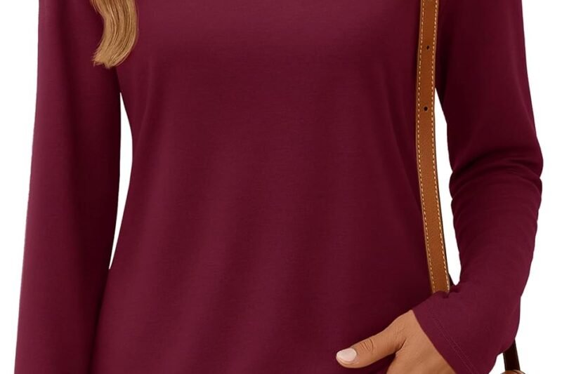 YUCOLEN Long Sleeve Shirts for Women Fall V Neck T Shirts Casual Solid Color Loose Fit Basic Tees Breathable Tops
