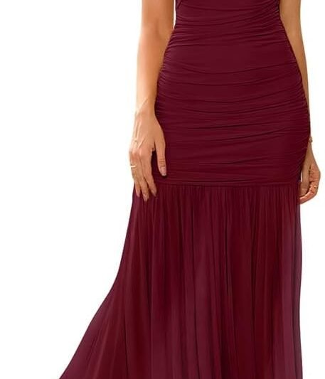 LAGSHIAN Women’s Elegant Formal Long Dress One Shoulder Sleeveless Ruched Bodycon Evening Dress