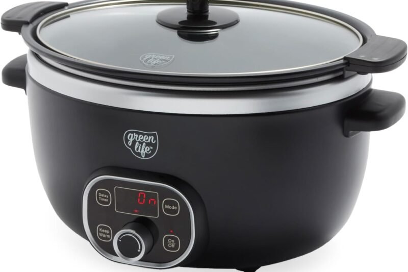 GreenLife 6QT Slow Cooker, Non-Toxic PFAS-Free Ceramic Nonstick Removable Interior Bowl, Programmable, Family Friendly, Keep Warm, Stovetop & Oven Safe, Dishwasher Safe Parts, Timer, Glass Lid, Black