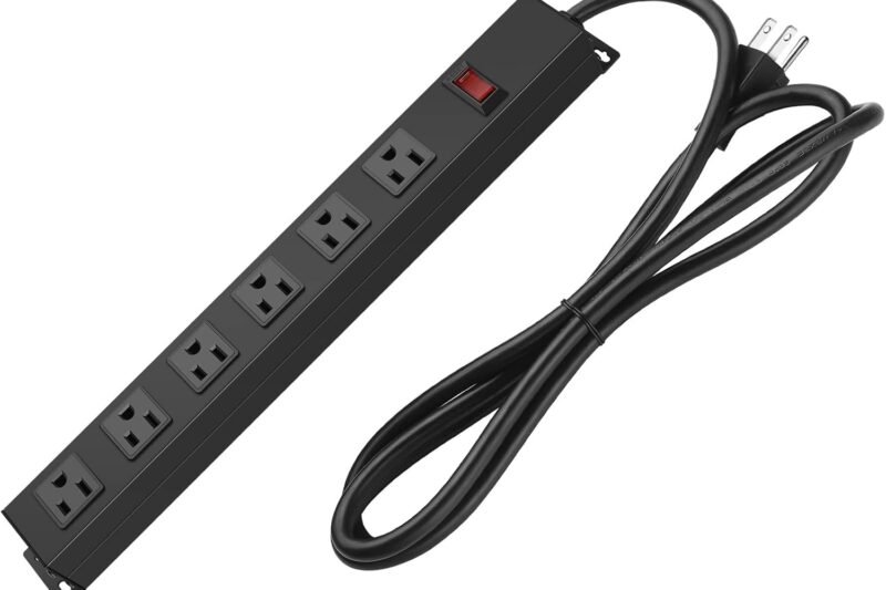 Metal Wall Mount Power Strip, Mountable Power Outlet with 6 AC Outlets, Aluminum Alloy Mount Power Socket with Switch, 6 FT SJT 3/C 14AWG Power Cord, 15A 125V 1875W (6AC) Black