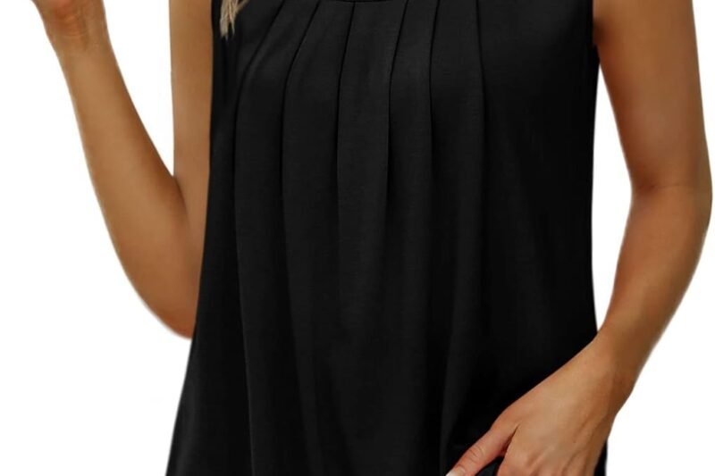 Saloogoe Summer Tank Tops for Women Loose Fit Pleated Square Neck Sleeveless Tops Curved Hem Flowy