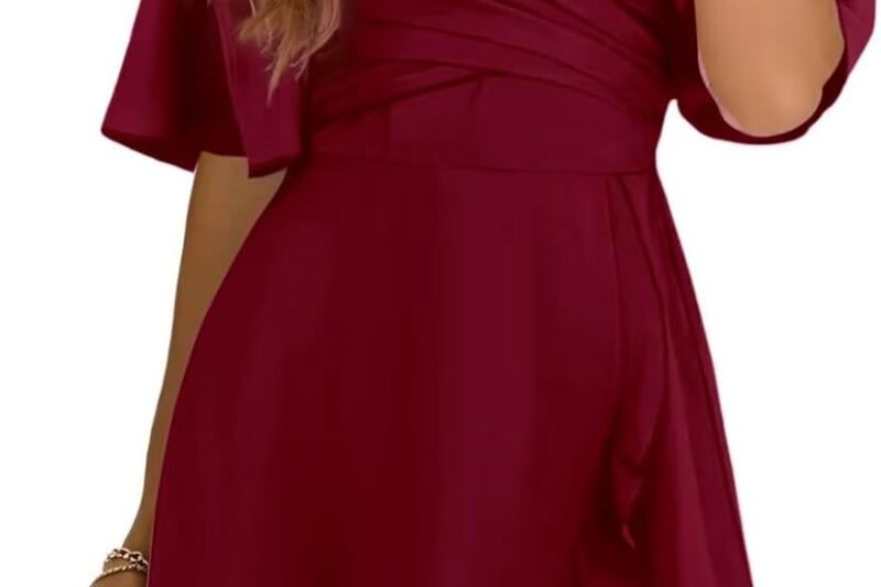 Dokotoo Women’s Wrap V Neck Short Flared Sleeve Wedding Guest Dress Smocked Elastic Waist Tiered Belted Ruffle Hem Mini Dress