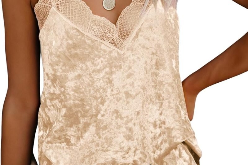 miduo Womens Strappy Adjustable Straps Velvet Lace Trim V Neck Tank Tops Cami Shirts Sleeveless Blouses Shirt Tank Top