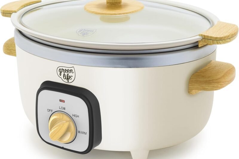 GreenLife 3.5QT Slow Cooker, Non-Toxic PFAS-Free Ceramic Nonstick Removable Interior Bowl, Programmable, Keep Warm, Stovetop & Oven Safe, Dishwasher Safe Parts, Glass Lid, Cream