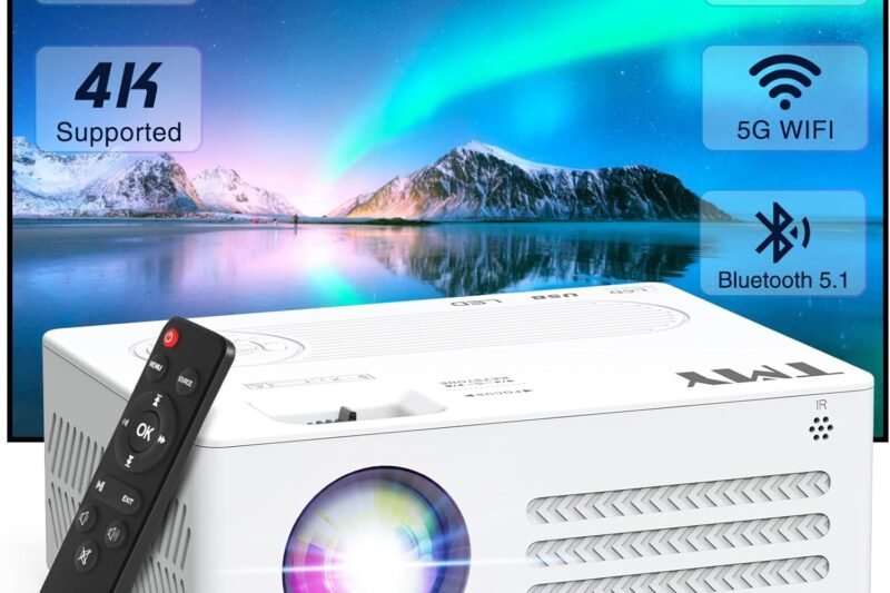 TMY Projector with WiFi and Bluetooth【80″ screen included】Native 1080P Outdoor Projector, 4K Supported Portable Projector, Compatible with iOS/Android/PC/TV Stick/HDMI/USB, Indoor Outdoor Use