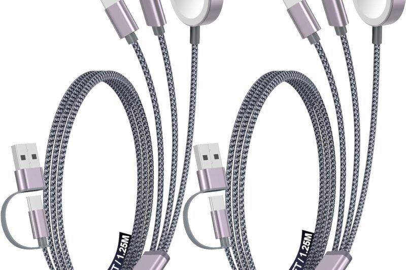2Pack Multi Charging Cable Cord for Travel Essentials,Apple Watch Charger,iPhone Charger,[3-in-2] Type C/Lightning Cable Portable Designed for iWatch,iPhone 17-8,Galaxy S25-21,AirPods,iPad-4FT