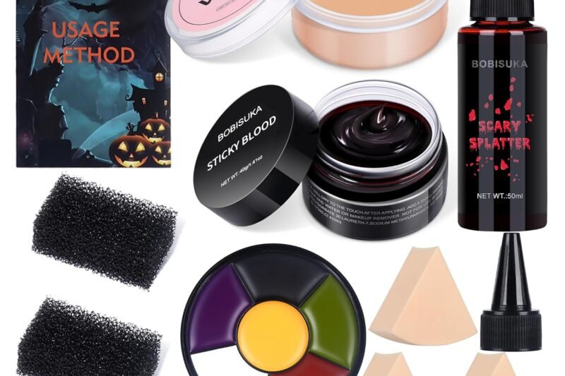 BOBISUKA Demonic Special Effects SFX Halloween Makeup Kit – 5 Colors Bruise Makeup Face Body Painting Palette + Scar Wax with Spatula Tool + Fake Blood Splatter Spray + Fake Blood Cream +Stipple Spong