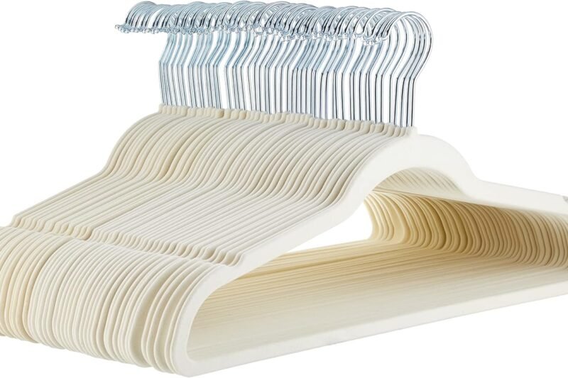 Amazon Basics Slim, Velvet, Non-Slip Sturdy Clothes Hangers, 50-Pack, Ivory/Silver