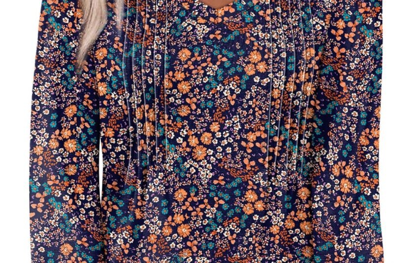 Alaroo Womens Long Sleeve Shirts Pleated V Neck Curved Hem Fall Winter Tunic Tops Blouses Print