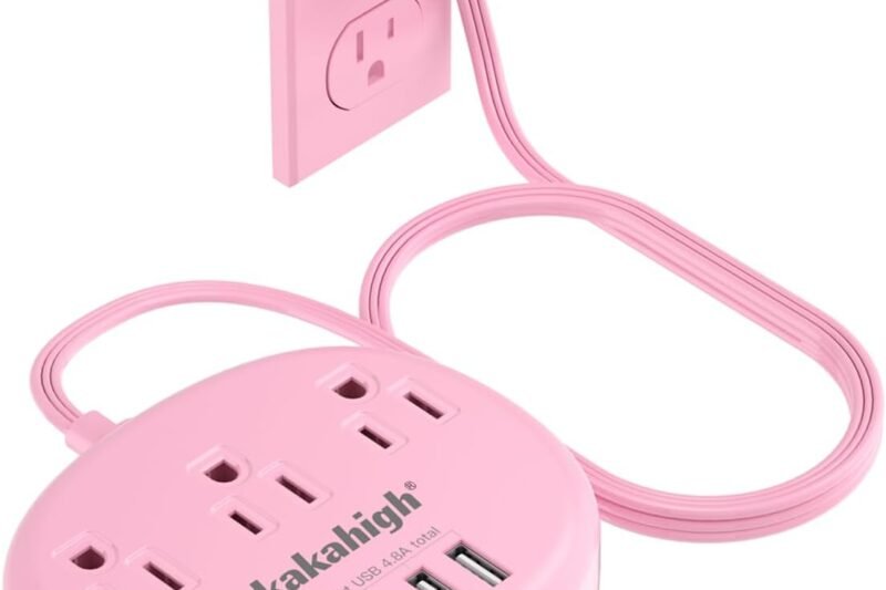 Pink Extension Cord with Surge Protected 1080J – 5 FT Kawaii Power Strip, 1625W Cute Extension Cord with 3 AC Outlet 4 USB (24W/4.8A), Compact for Cute Pink Kawaii Desk Home Essentials