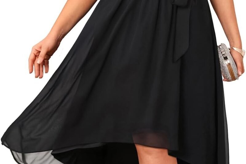 Plus Size Dresses Wedding Guest – Formal Cocktail Chiffon V Neck Short Sleeve High Low Dress Curvy Women