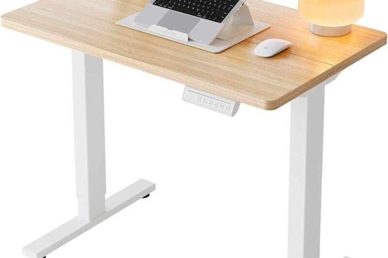 HUANUO 32″ Small Electric Standing Desk Adjustable Height, 4 Memory Height Settings, Sit Stand Up Desk for Home Office & Computer Workstation, LightWalnut