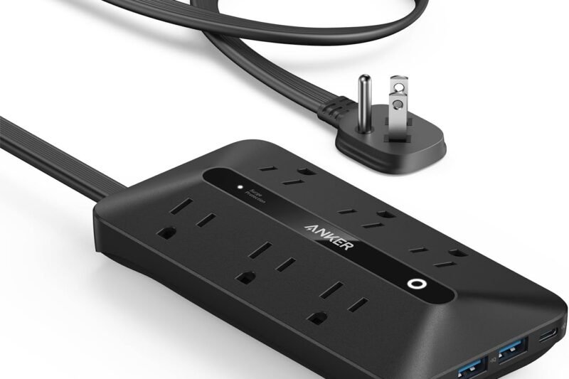 Anker 300J Flat Plug 10-in-1 Ultra Thin Power Strip with 6 AC, 2 USB-A & 2 USB-C Ports, Extension Cord, Desk Charging Station for Home, Office, College, Dorm, 5 Feet, Black