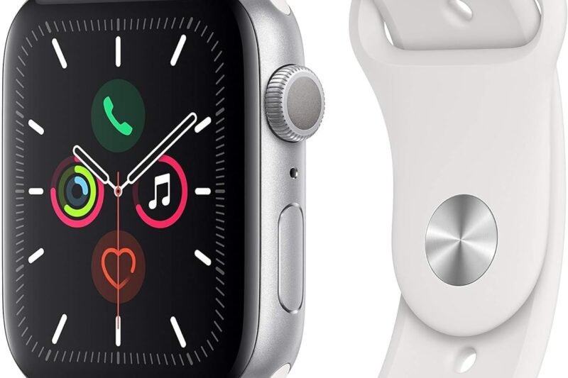 Apple Watch Series 5 (GPS, 44MM) – Silver Aluminum Case with White Sport Band (Renewed)